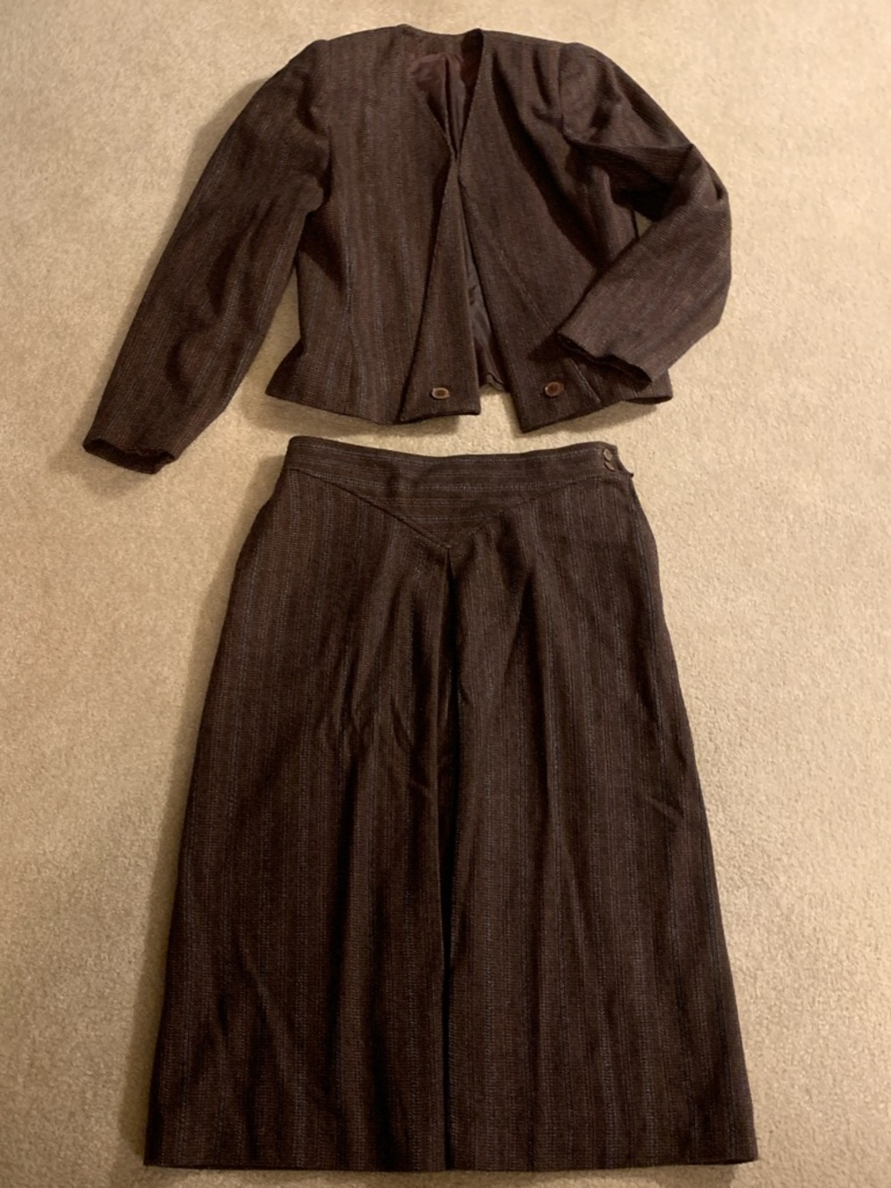 2 Piece Tailored Black Pinstripe Collarless Blazer and Skirt